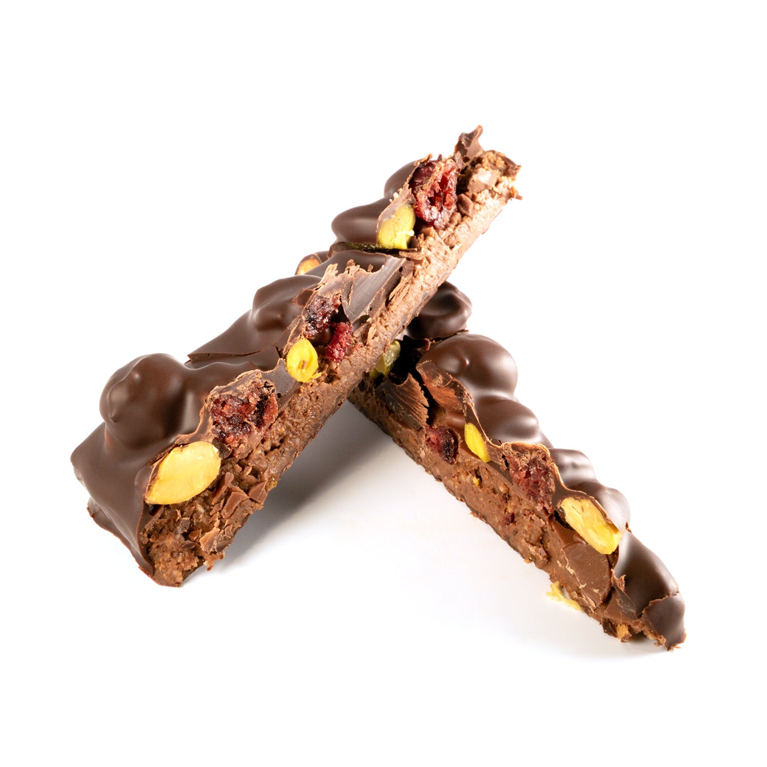 Barre pralinée façon mendiant au chocolat, pistache, cranberries et amandes. Un barre chocolatée de luxe pur les fins gourmands. par Cavaletti Paris croquant et fondant