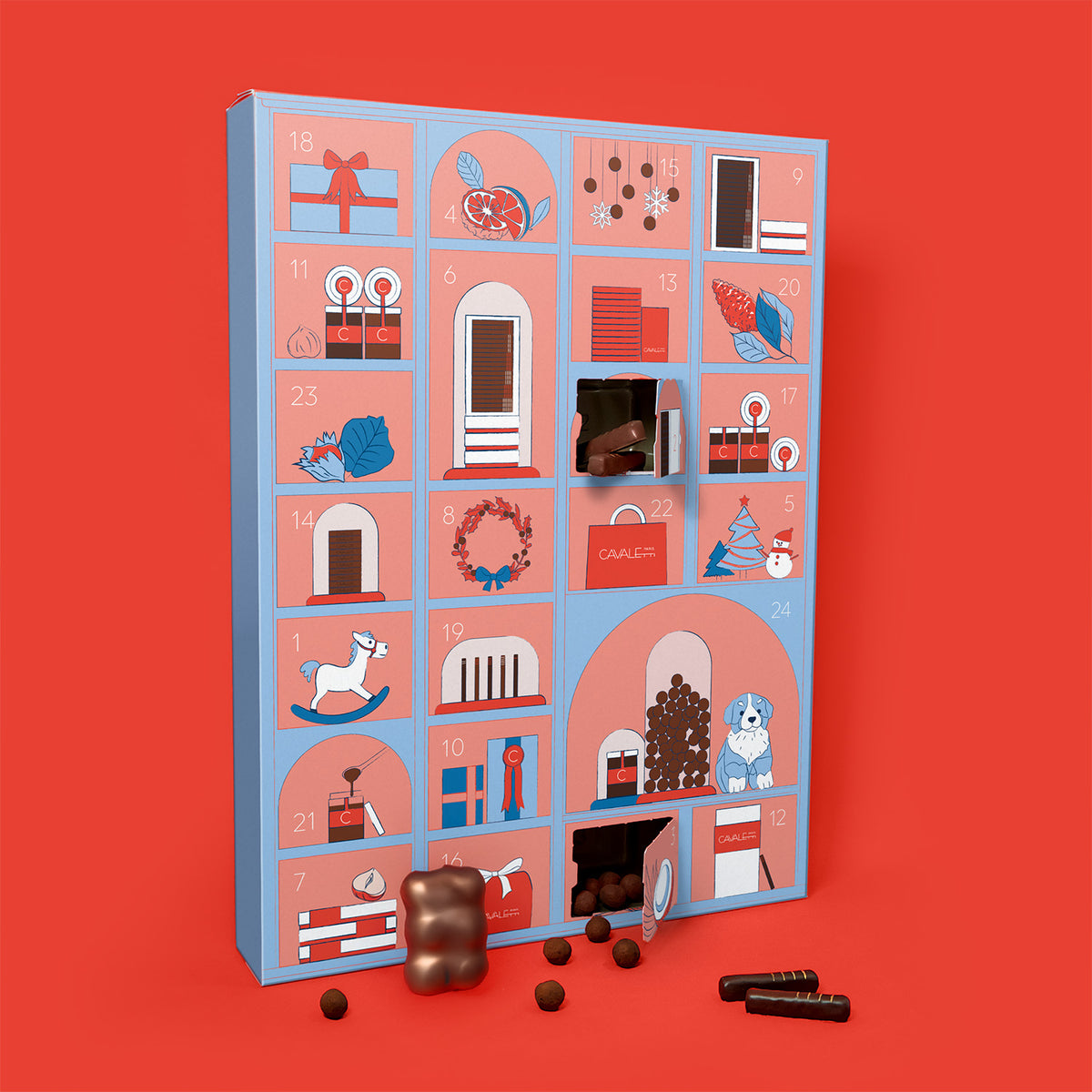 Le Calendrier de l'Avent praliné édition limitée par Cavaletti. 24 cases avec nos chocolats pralinés à déguster avant noël . Billes, mendiants, Orangettes, oursons... vous pourrez goûter à toute la gamme de chocolat Cavaletti.