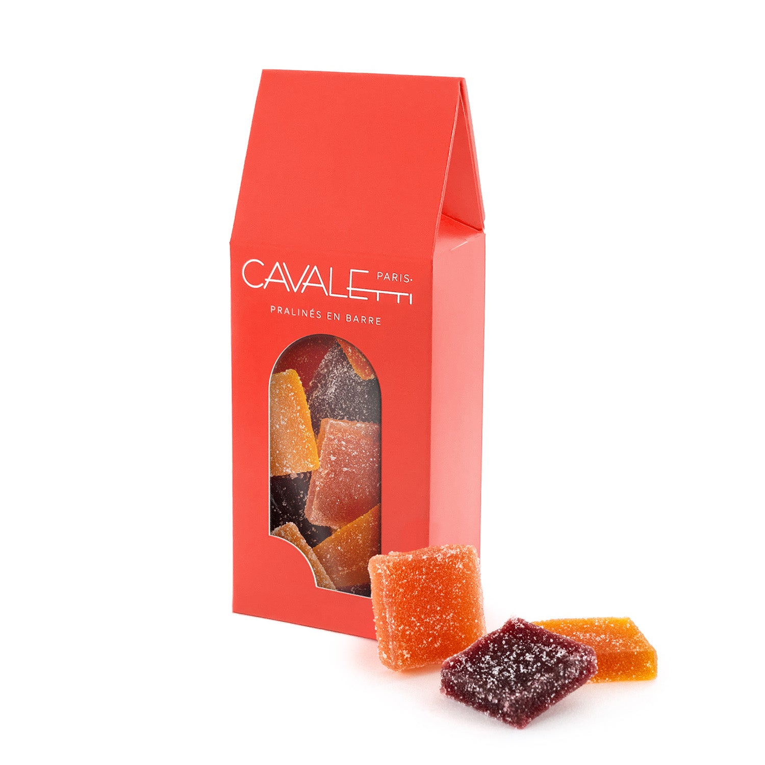 Pates de fruits artisanales, réalisées à la main par Cavaletti Paris dans son atelier de Neuilly. Saveur framboise, pêche, passion.