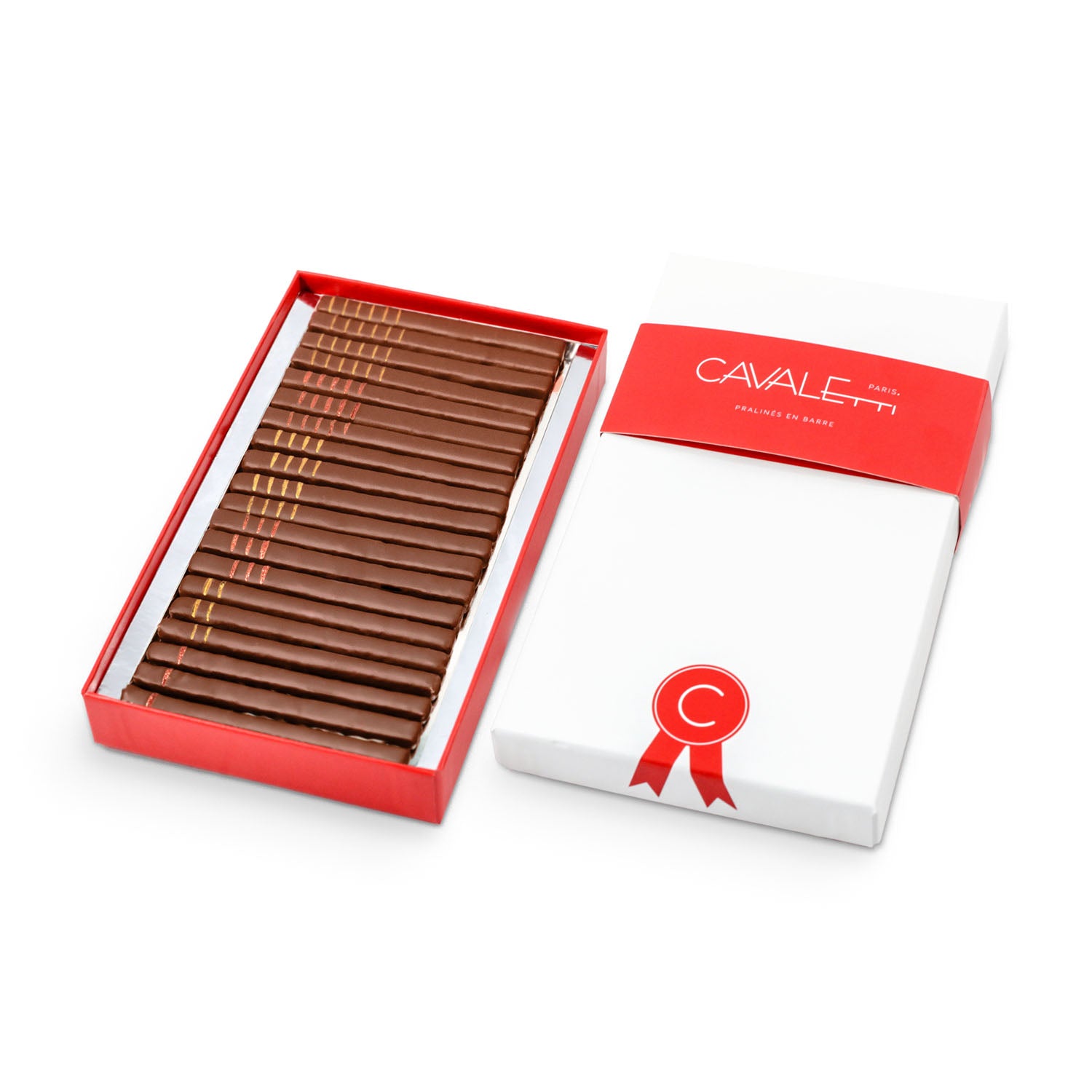 Coffret chocolats au lait pralinés, haut de gamme, par le maitre chocolatier Cavaletti Paris  à Neuilly sur Seine. 
