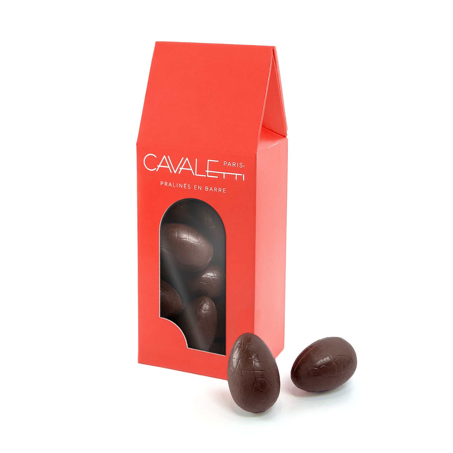Ballotin d'oeufs de paques  de chocolatier fourrés au praliné artisanal. Chocolat noir et praliné au quinoa soufflé par Cavaletti Paris. 