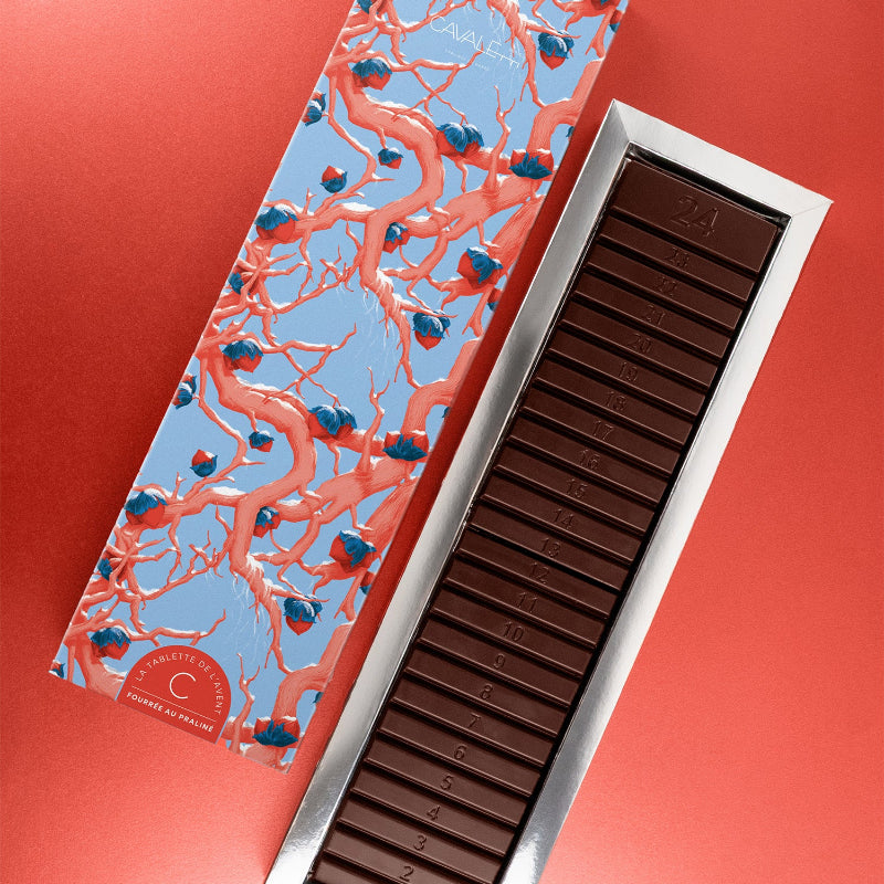 Calendrier de l'avent originale sous forme de tablette de 24 chocolats pralinés par Cavaletti Paris. un étui au design moderne et artistique pour offrir. un vrai bel objet en édition limitée.