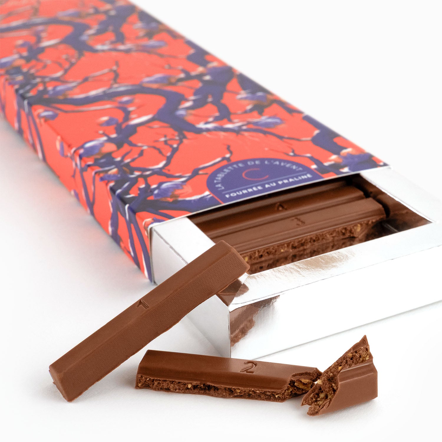 Chocolat praliné sous forme de tablette de l'avent. 24 barres pralinées en édition limitée, à offrir avant Noël, par Cavaletti Paris