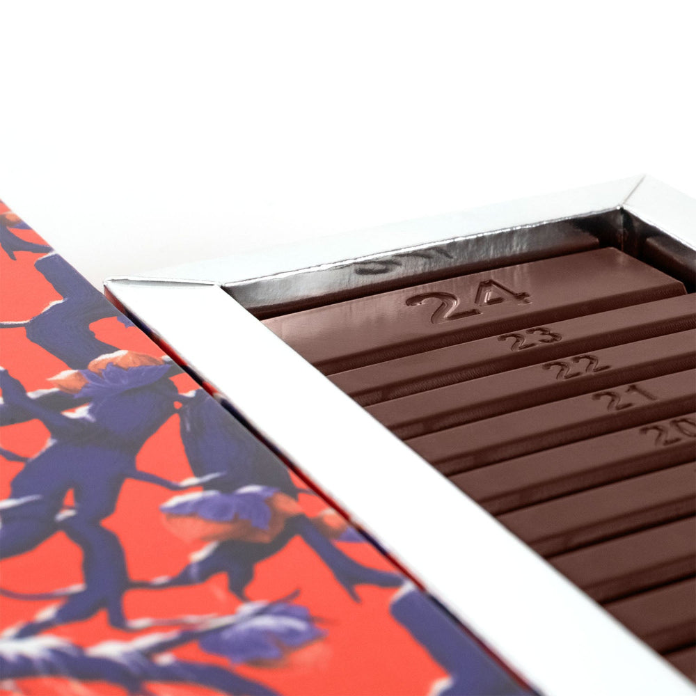 Chocolat praliné sous forme de tablette de l'avent. 24 barres pralinées en édition limitée, à offrir avant Noël, par Cavaletti Paris. Enrobage au lait