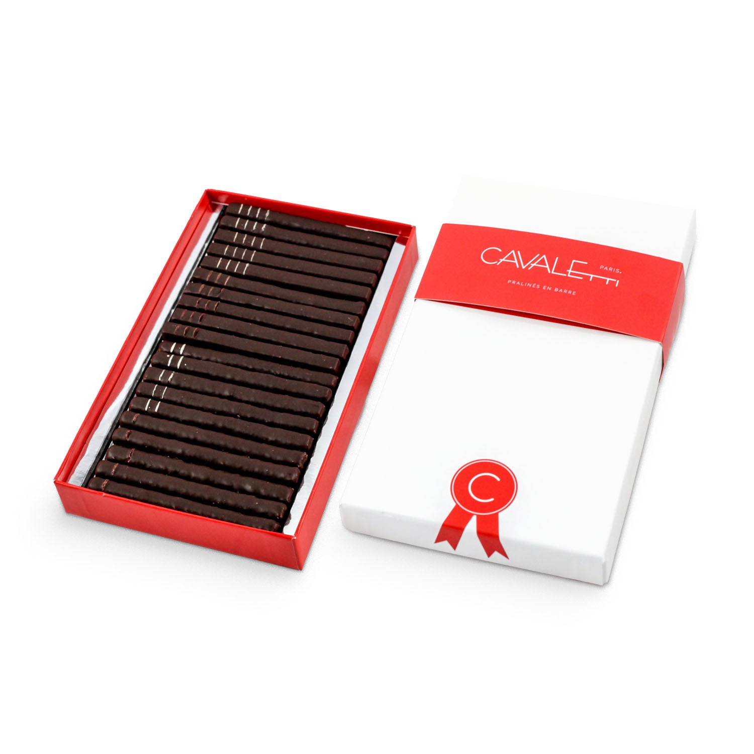 Coffret Chocolat Praliné au chocolat noir, 2 lignes soit 40 basse Cavaletti. Assortiment de pralinés artisanaux par Cavaletti Paris. 