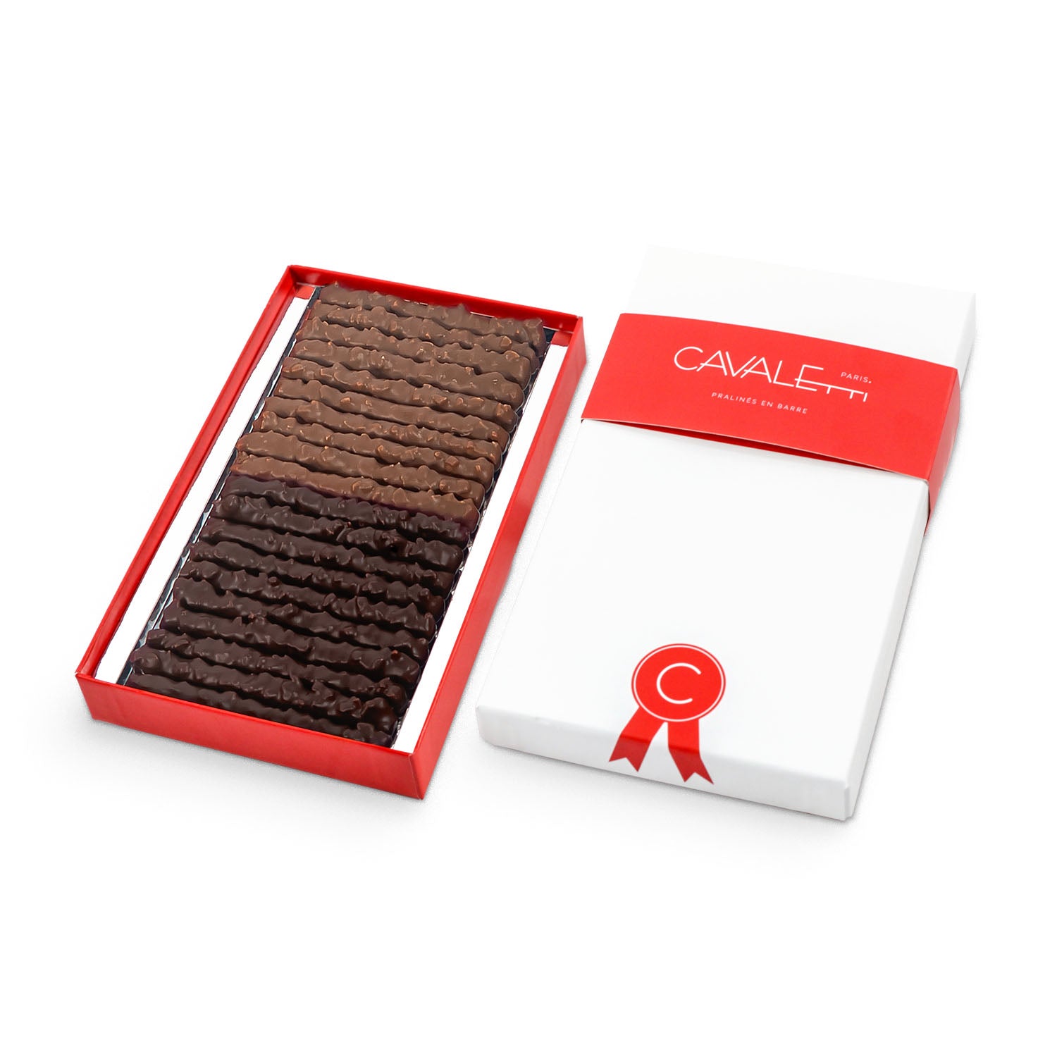 Coffret chocolats praliné façon rocher aux amandes, par Cavaletti Paris, maitre chocolatier à Neuilly sur seine. 