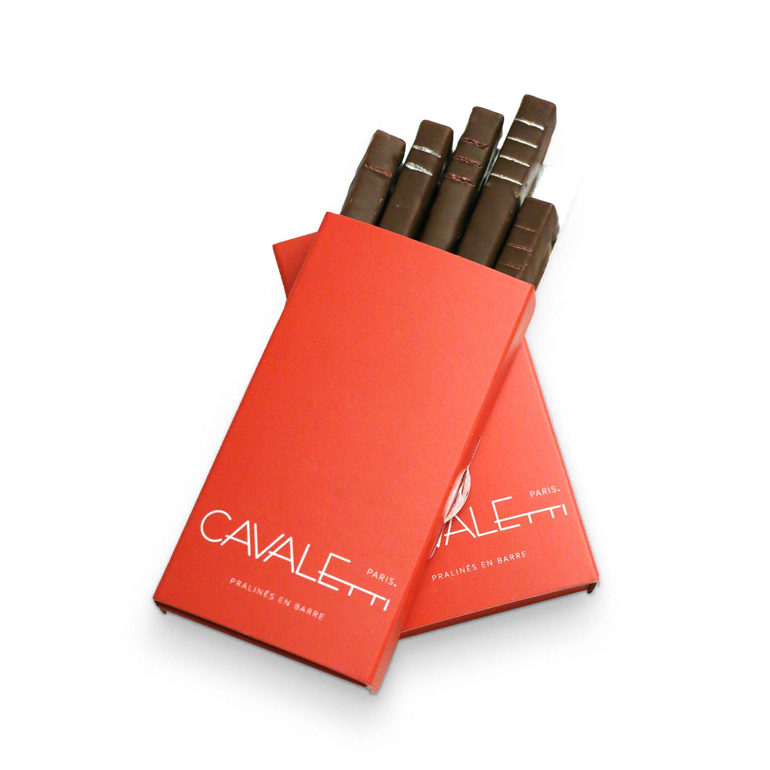 Assortiment 5 barres pralinées en lot de 5 coffrets de chocolat. Des coffrets d'attetion pour offrir lors d'un diner par exemple. par Cavaletti Paris.