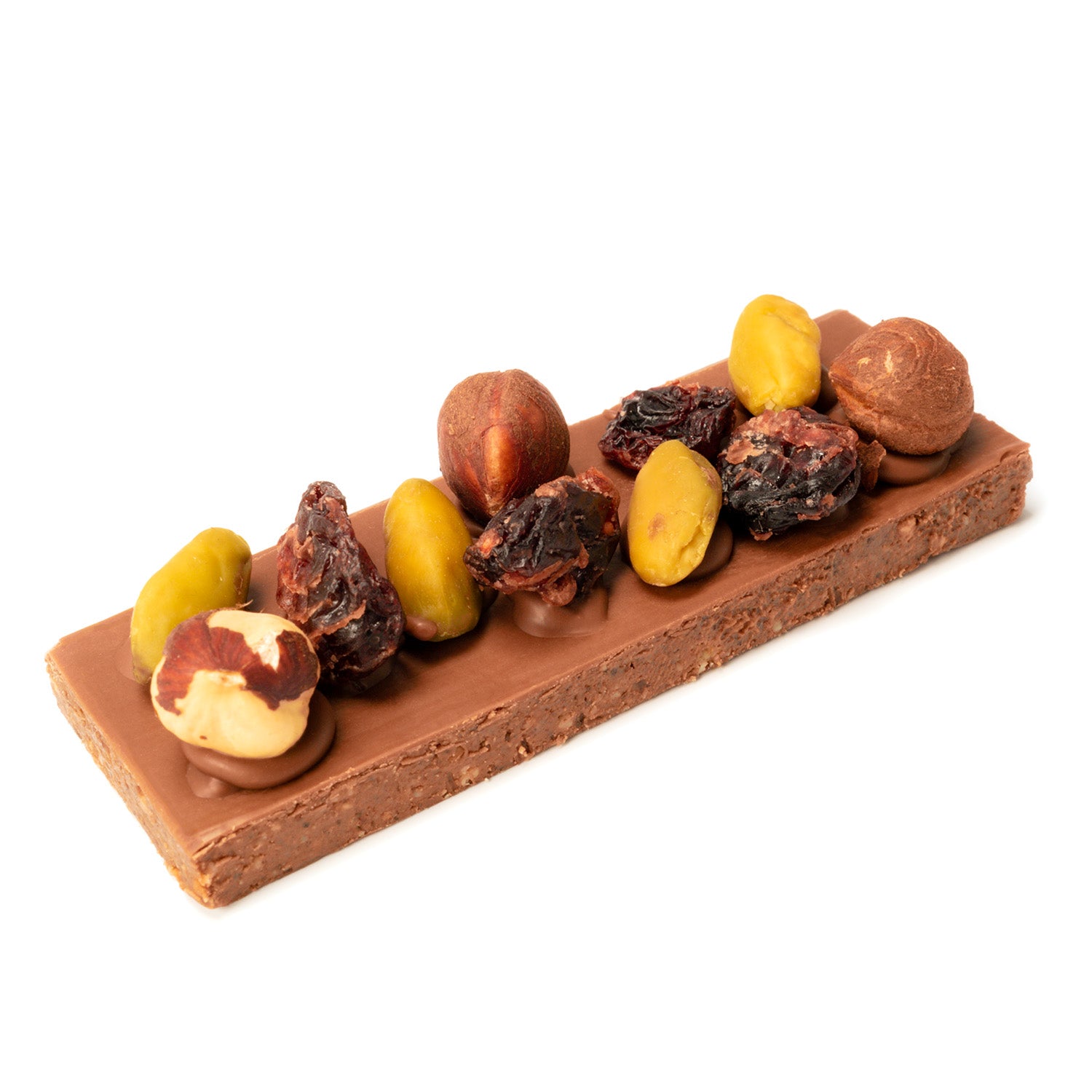 Barre pralinée façon mendiant au chocolat, pistache, cranberries et amandes. Un barre chocolatée de luxe pur les fins gourmands. par Cavaletti Paris. Découvrez l'intérrieur de notre barre, le praliné fondant et les fruits secs complets ajoutés par dessus. 