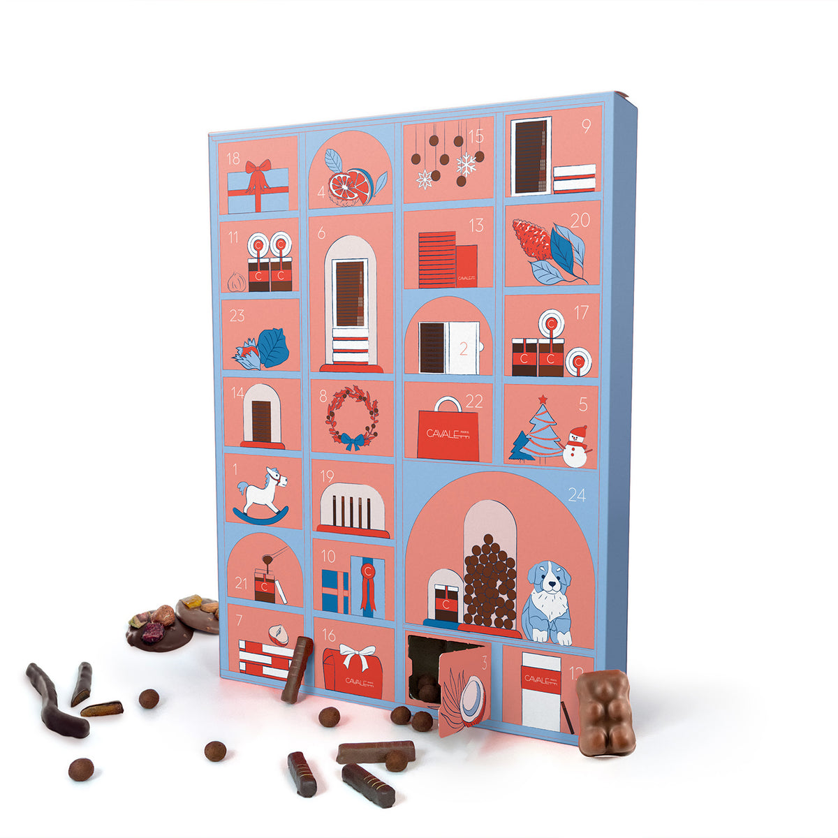 Le Calendrier de l'Avent praliné édition limitée par Cavaletti. 24 cases avec nos chocolats pralinés à déguster avant noël . Billes, mendiants, Orangettes, oursons... vous pourrez goûter à toute la gamme de chocolat Cavaletti.