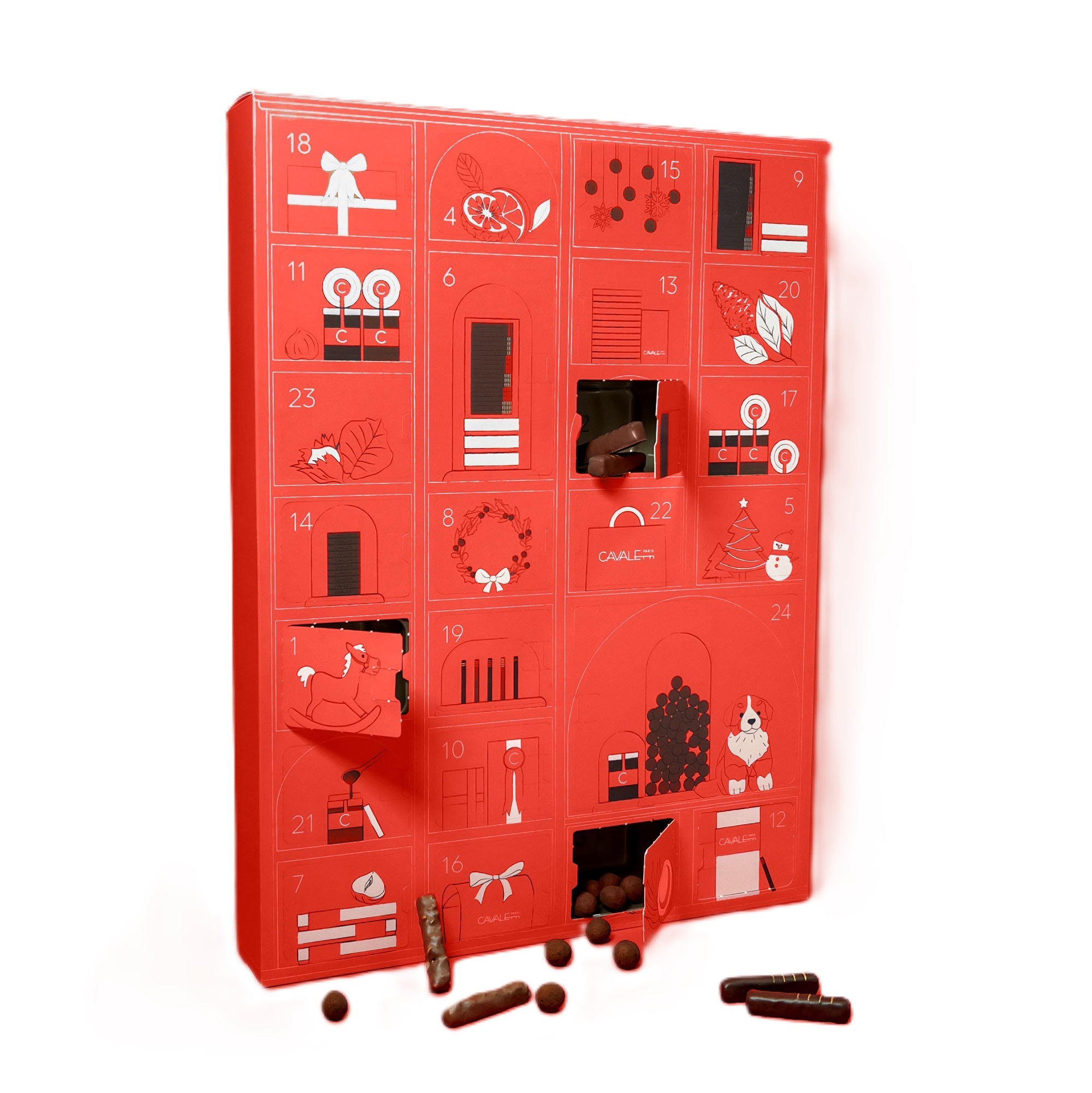 Le Calendrier de l'Avent édition limitée par Cavaletti. 24 cases avec nos chocolats pralinés à déguster avant noël 