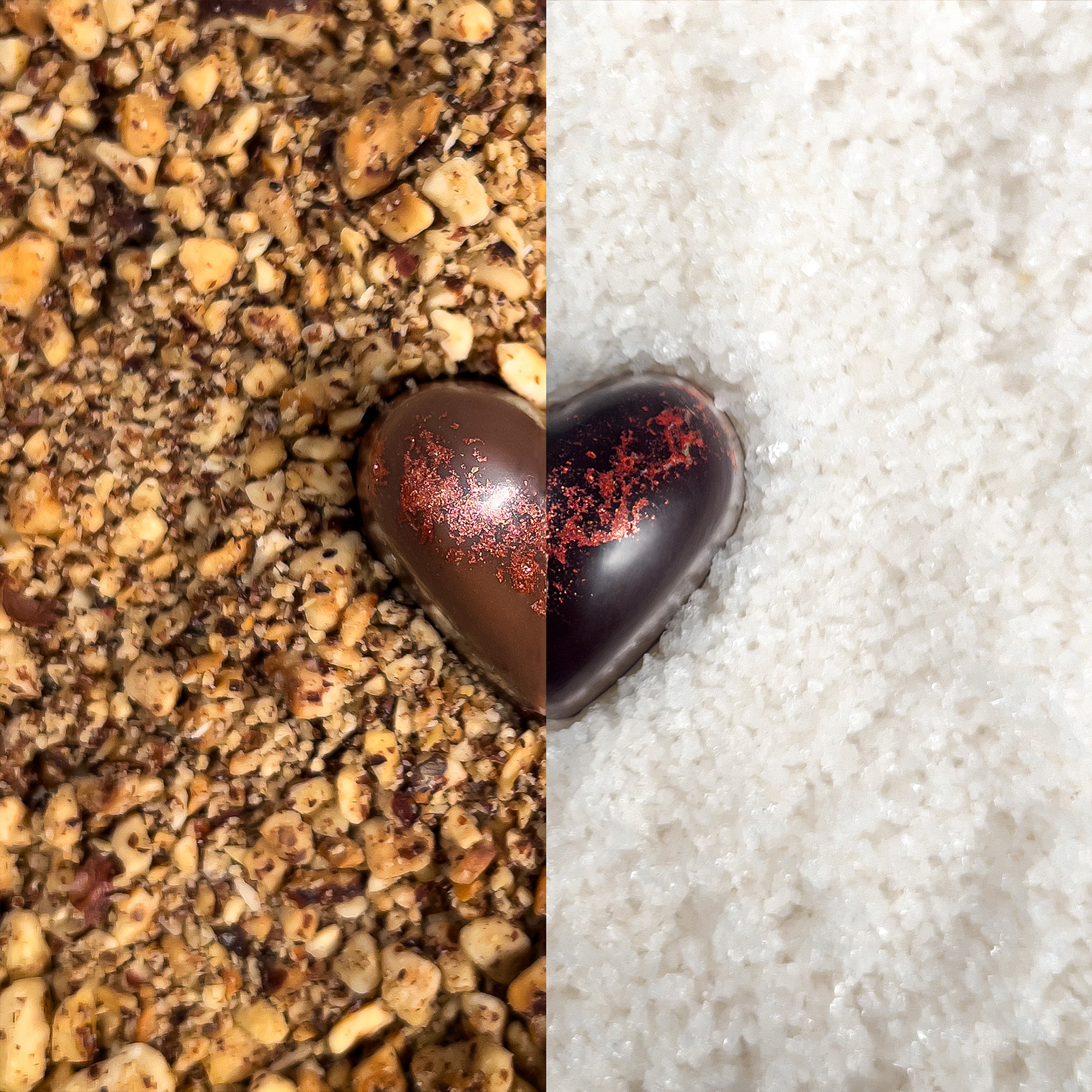 coeurs chocolats praliné au lait et noir, noisette et fleur de sel. Créations par Cavaletti Paris, maitre chocolatier à Neuilly. 