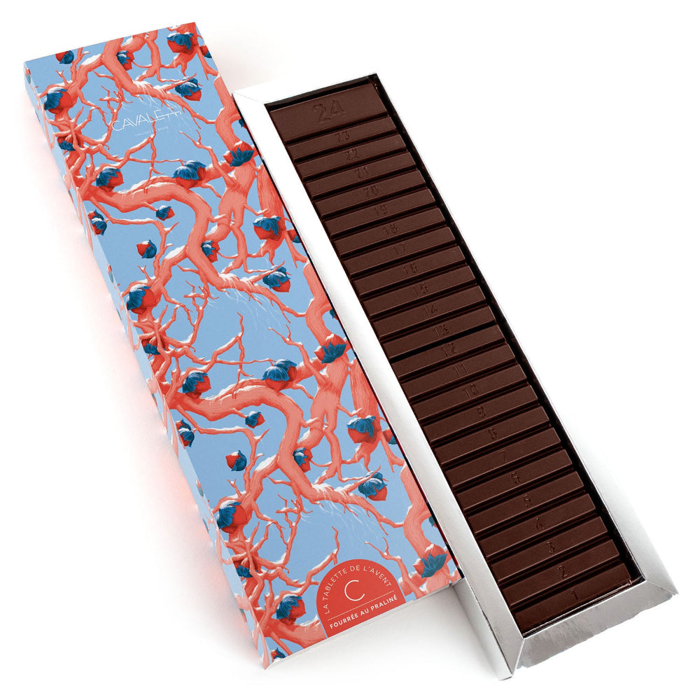 Calendrier de l'avent originale sous forme de tablette de 24 chocolats pralinés par Cavaletti Paris. 